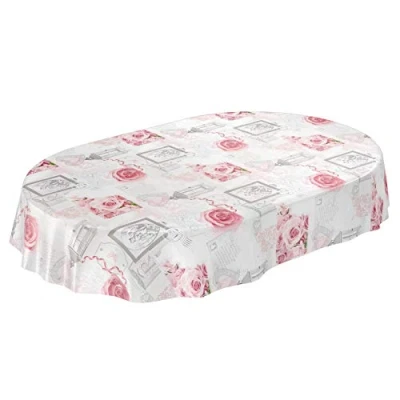 Image of Washable tablecloth, oilcloth/wax with roses and hearts, romantic, antique, colour: grey, Wax Cloth, Rosen Herzen Romantik Antik Grau, Oval 140 x 180cm