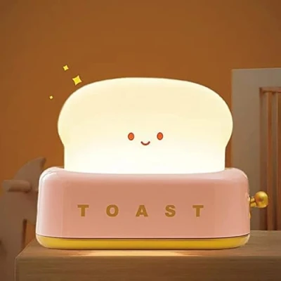 Image of ipalmay Cute Toast Bread LED Night Lamp,Creative USB Rechargeable Light,Timer and Dimmable Bedside Sleep Lamp Desk Decor for Kids (Red Toast)