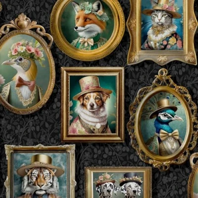 Image of Regal Beasts Animal Prints in Picture Frames Victorian Style Costumes Wallpaper Perfect for Feature Walls, Bedrooms, Contemporary Modern Walldecoration Charcoal Holden 13790