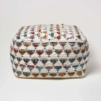 Image of HOMESCAPES White Multi Coloured Square Cube Beanbag Traditional Chindi Style with Polystyrene Ball Filling 60 x 30 cm