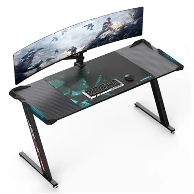 Image of EUREKA Ergonomic Gaming Desk with Led Lights 156x64cm Large RGB Computer for Home Office Work Study Writing Mouse Pad, Easy to Assemble, Carbon Fiber Black