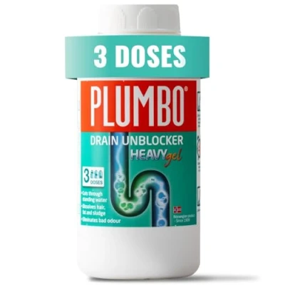 Image of Drain Unblocker 3 Doses Liquid Heavy Duty Formula, Gel Cleaner &amp; Odour Remover, Dissolves Waste, Hair, Food, Grease Scum, Gentle on Pipes, by Plumbo