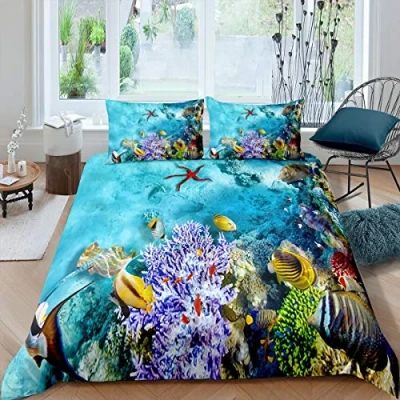 Image of Animal Duvet Cover Set King Size Fish Bedding Ocean Comforter with 2 Pillow Shams Ultra Soft Starfish Microfiber Sea Life Theme Quilt Zipper 3 Pcs Gorgeous Coral