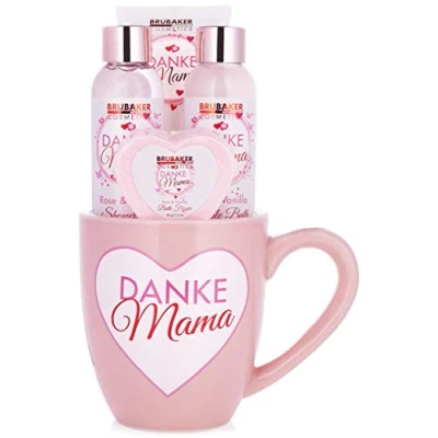 Image of BRUBAKER Cosmetics Thank you Mum Spa Gift Box Bath and Shower Set for Moms Roses Vanilla in Mug with Heart Decor 5 Pcs