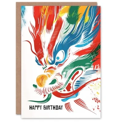 Image of Artery8 Birthday Card Chinese Dragon Head Bright Colourful Painting For Him Man Male Dad Brother Son Papa Grandad Greeting