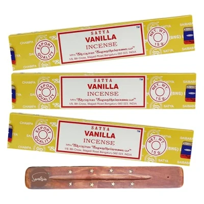 Image of Satya Nag Champa Vanilla incense sticks x3 pack with SAMASIA holder Used for Aromatherapy, Spa, Yoga, Weddings, Meditation, Healing, Positivity and Relaxation
