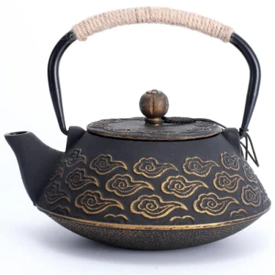 Image of MILVBUSISS Cast Iron Teapot, Japanese Tea Pot with Infuser for Loose Leaf, 800ml Kettle Stovetop Safe Coated Enameled Interior, Clouds Pattern 27oz Black