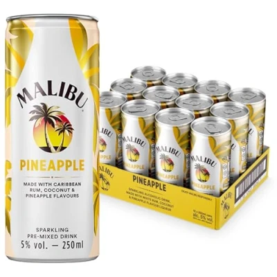 Image of Malibu sparkling mixed Ready To Drink can with white rum, coconut &amp; pineapple flavours, 5% ABV, 25cl/ 250ml x 12
