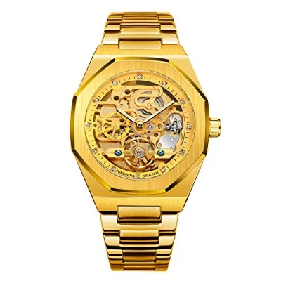 Image of BOLYTE Tourbillon Design Men&#039;s Analog Automatic Stainless Steel Wrist Watch Mechanical Skeleton Male Clock (Gold)