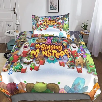 Image of KRIVS My Singing Monsters 3D Three dimensional Digital Print Duvet Cover Bedding, 3 Piece Set Quilt Matching Pillowcase with Zipper Closure Soft Microfiber Single（135x200cm）