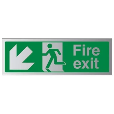 Image of V Safety Fire Exit Arrow Down Left Sign 450mm x 150mm 3mm Brushed Alu Comp