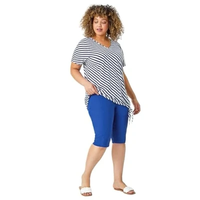 Image of Roman Originals Knee Length Shorts for Women UK Ladies Cropped Capri Stretch Bengaline Pants Crop Trousers Summer Legging Lounge Essentials Elasticated Casual Clothes Midnight Blue Size 30