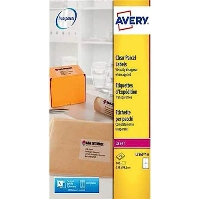 Image of Avery Self Adhesive Clear Parcel Labels, Laser Printers, 4 Labels per Sheet, 100 QuickPEEL (L7569)