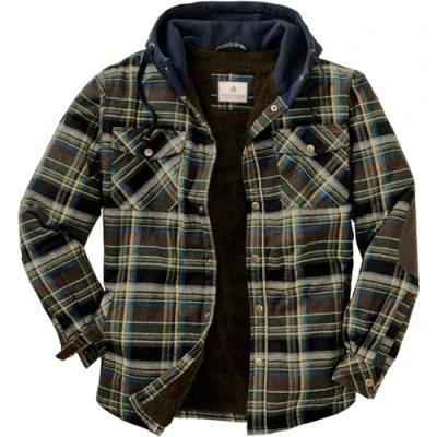 Image of Legendary Whitetails Men&#039;s Camp Night Berber Lined Hooded Flannel Shirt Jacket, Union Plaid, L Tall