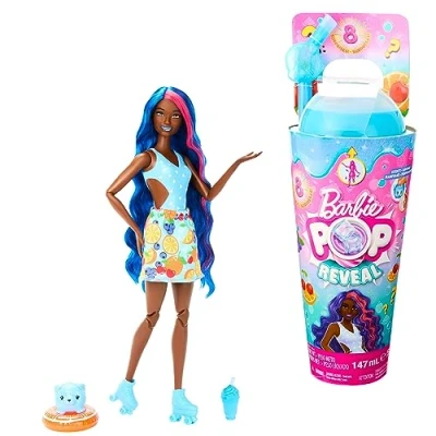 Image of Barbie Pop Reveal Fruit Series Doll, Punch Theme with 8 Surprises Including Pet &amp; Accessories, Slime, Scent Color Change, HNW42