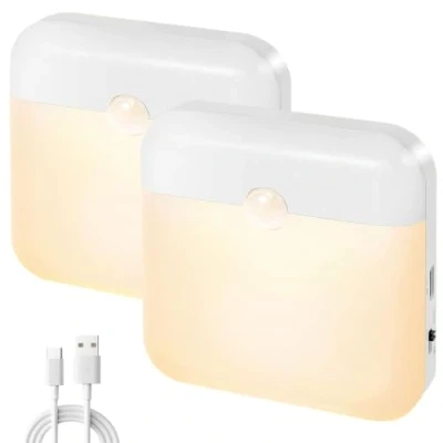 Image of Fudinu LED Night Light with Motion Sensor, 2 Pack USB Rechargeable Lights 1 Colour Temperature, Battery Powered Warm for Cupboard, Wardrobe, Closet, Kitchen, Bedroom, Stairs