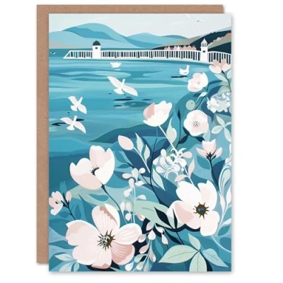 Image of Artery8 Greeting Card Coastal Scottish Pier Seagulls Floral Painting Blank For Him Or Her Art Birthday
