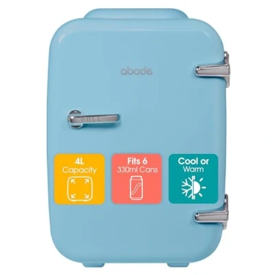 Image of Abode Blue Mini Fridge A4CLR201BL 4L/6 Can Portable Thermoelectric Cooler &amp; Warmer For Drinks, Cosmetics/Makeup/Skincare, AC/DC Power, Retro Style, Bedroom, Home, Caravan, Car