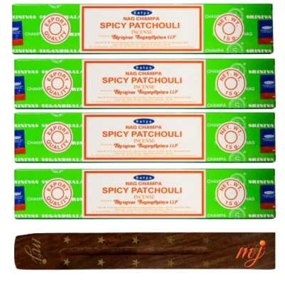 Image of Original Satya Nag Champa Spicy Patchouli incense sticks with M&amp;J holder x4 pack for Aromatherapy, Spa, Yoga, Weddings, Meditation, Healing, Positivity and Relaxation