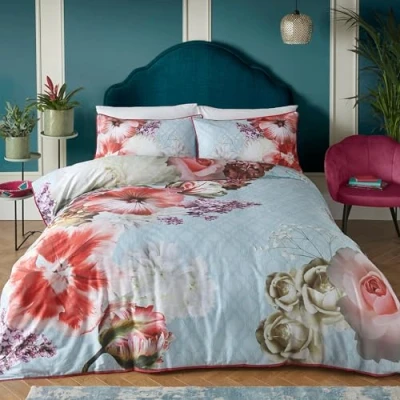 Image of Laurence Llewelyn Bowen Royal Floral Duvet Cover King Bedding Size (230 x 220cm) Soft 100% Cotton 2 Pillowcases Luxury Set with Flowers Blue Mayfair Lady