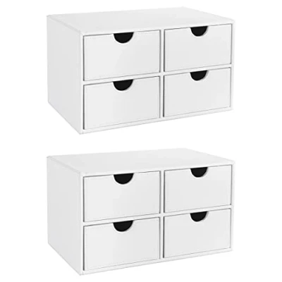 Image of OSCO White Faux Leather 4 Drawer Chest 2 Pack Stationery Organiser Stackable Makeup Container Jewellery Box Not A4 Size H18.5 x W33 D20.5 cm