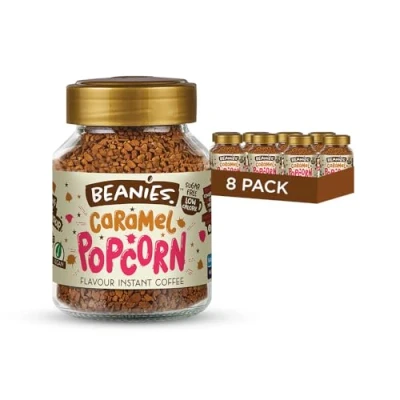 Image of Beanies Caramel Popcorn Flavoured Instant Coffee 400g (50g x 8 Pack) Freeze Dried Granules, Quick &amp; Easy to Brew, Premium Taste, Rich in Flavour, Low Calorie, Sugar Free, Vegan
