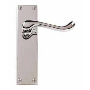 Image of Victorian Scroll Door Handle Lever On Backplate Long Latch Set Polished Chrome