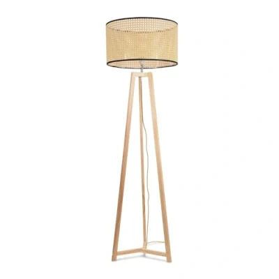 Image of Natural Wood Tripod Floor Lamp with Cane Rattan Drum Lampshade Living Room Light