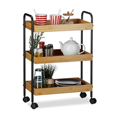 Image of Relaxdays Bamboo Serving Trolley, 3 Tiers, Look, 360 Casters, Steel, Natural/Black, HxWxD: 70x50x28 cm