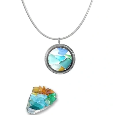 Image of WitmAn sea glass necklace, jewelry, round frame pendant necklace (silver)