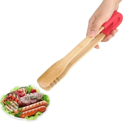 Image of BBQ Serving Tong,Wooden Food Tong,11.8Inch Kitchen Cooking Tongs Wooden Bread Clamp Silicone Handle Steak Clip Buffet Tool(Red)