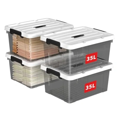 Image of Cetomo 35L*4 Storage Boxes, Carry Plastic Box with Lids, Organizing Container Handle and Secure Latching Buckles, Stackable, Nestable, Tote Bin for Home Clothes, 35L 4Pack, Clear Black