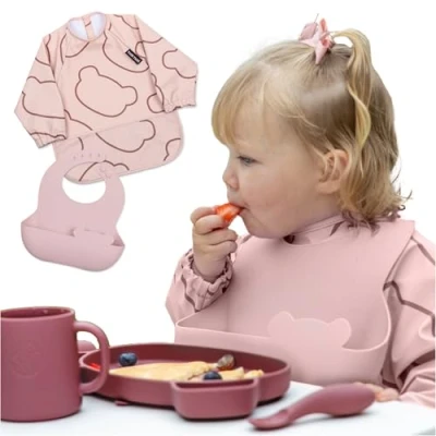 Image of TUM Double Up Baby Bibs Set, inc Long Sleeved Coverall Bib and Silicone Bib, Waterproof Easy Wipe Clean, Machine Washable (Pink)