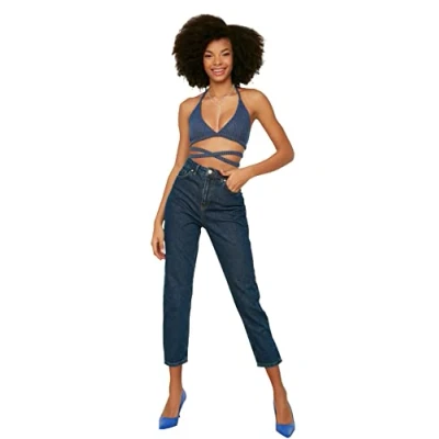 Image of Trendyol Women Basic High Waist Straight Leg Mom Jeans Navy Blue