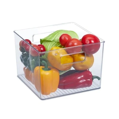Image of Fridge Container for Groceries, Food Storage, Easy care, Handles, Plastic, hwd: 15.5 x 21 cm, Transparent Relaxdays