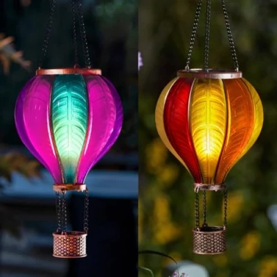 Image of Festive Lights 45cm Solar Power Aurora &amp; Sunset Stain Cool Fiesta Realistic Flame Outdoor Hanging SMD LED Hot Air Balloon Lanterns Multicoloured Glass Effect Flaming Garden with Handles