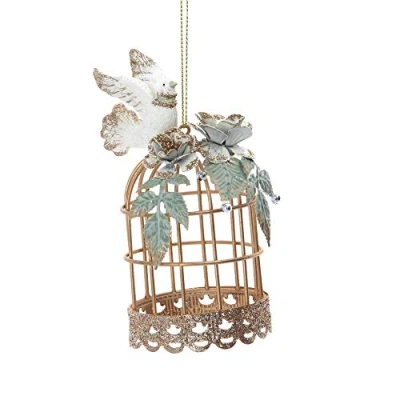 Image of Gisela Graham White Dove on a Gold Wire Bird Cage With Teal Leaves 11 Centimeter Festive Decoration