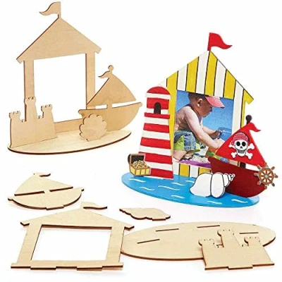 Image of Baker Ross FC802 Seaside Wooden Photo Frame Scene Kits Pack of 4, Craft for Kids, Kids Picture Kit
