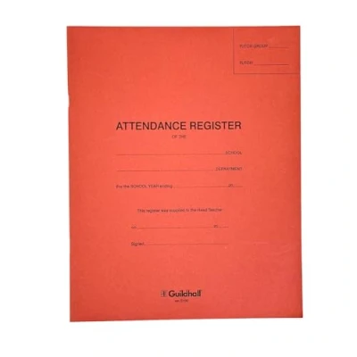 Image of Exacompta Ref E100Z Guildhall Attendance Register (24 Pages) 326 x 205mm in Size, 50 Entries Per Page, 3 Terms, 5 Days, Pre Printed, 70gsm Paper Red Cover