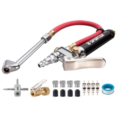 Image of Spurtar 10 120 PSI Heavy Duty Car Tyre Inflator Gauge with 4 Way Tool and Valve Cores Automobiles Tire Pressure Gun 12&quot; Air Hose for Truck Motorcycle Bicycle
