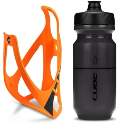Image of Cube HPP Cage Matt Orange/Black &amp; Icon Bottle Black, 500ml / Water Drink Flask Vessel Bidon Holder Mount Bracket Kit Lightweight Plastic Drinking Hydration Biking Bike Riding Frame Accessories