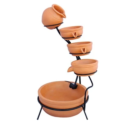 Image of Water Feature Garden Fountain Solar Powered Outdoor Cascade Ornament Decor Patio Resin Terracotta Freestanding Cascading 4 Tier Spilling Bowls Aquatic Cleaner