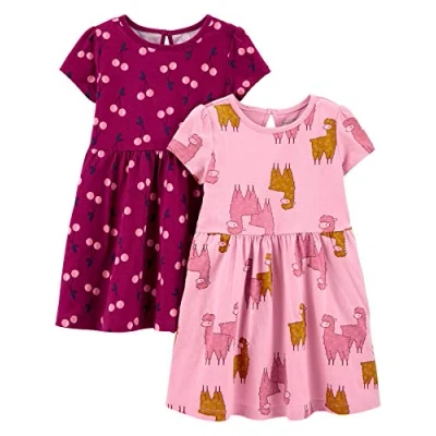 Image of Simple Joys by Carter&#039;s Baby Girls&#039; Short Sleeve and Sleeveless Dress Sets, Pack of 2 Casual, Cherry/Llama, 5 Years