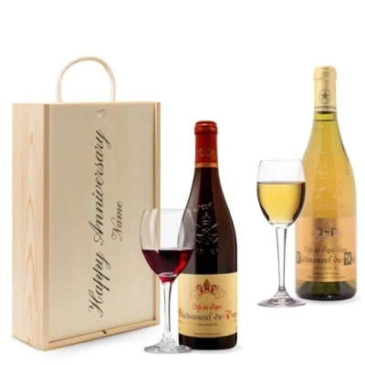 Image of Personalised Chateauneuf Du Pape Red &amp; White Wine Gift Set (2 x 75cl) (Happy Anniversary, 750ml, Wine)