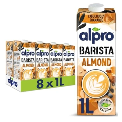Image of Alpro Barista Almond Plant Based Long Life Drink, Vegan &amp; Dairy Free, 1L (Pack of 8)