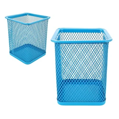 Image of LEVIATAN Pack of 2 Metal square pen holder, cube made wire metal, mesh multifunctional cup for ballpoint pen, blue