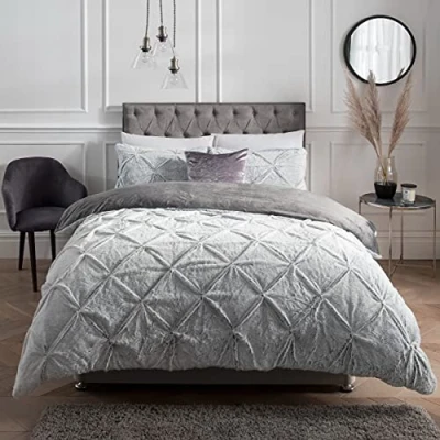 Image of Sleepdown Ruched Diamond Faux Fur Fleece Thermal Warm Cosy Super Soft Duvet Cover Quilt Bedding Set with Pillow Cases Grey, King (220 cm x 260 cm)