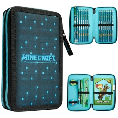 Image of Minecraft Filled Pencil Case for Kids with Multiple Compartments, Stationery Included School Supplies (Blue/Black)