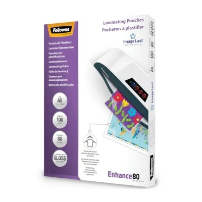 Image of Fellowes Enhance A5 80 Micron Laminating Pouches (Pack of 100), Transparent, 5306002