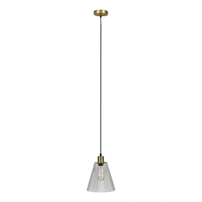 Image of MiniSun Modern Satin Gold Suspended Ceiling Pendant Light Fitting with a Ribbed Clear Glass Shade Complete 4W LED Filament Bulb [2700K Warm White]